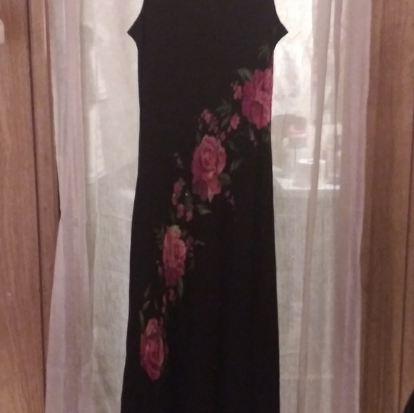 Black Maxi Dress with Beaded Red Roses - Picture 5 of 5